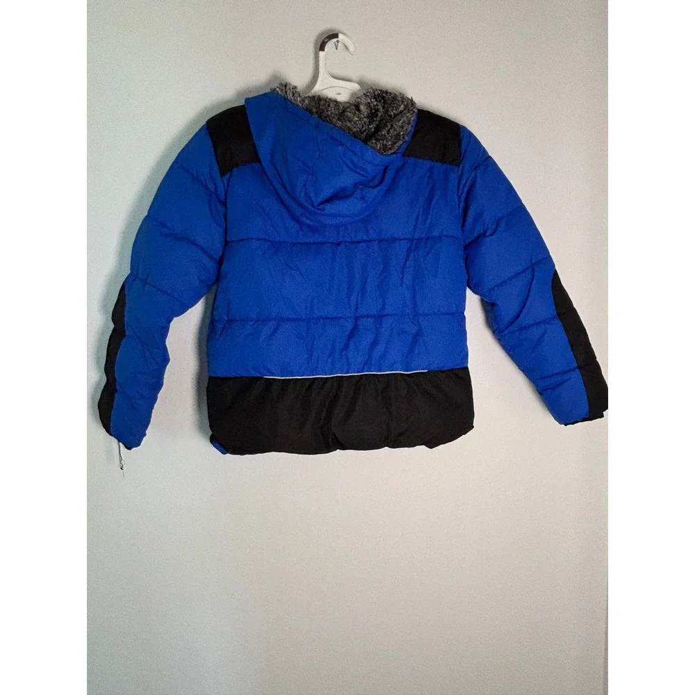 Wonder Nation Boys Blue Black Puffer Jacket Hooded Faux Fur Fleece Lined L 10-12
